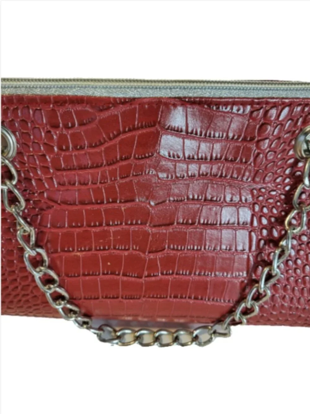 Insulated Wine Bottle Tote Bag Red Animal Print Silver Chain Handles 13 x 6 in